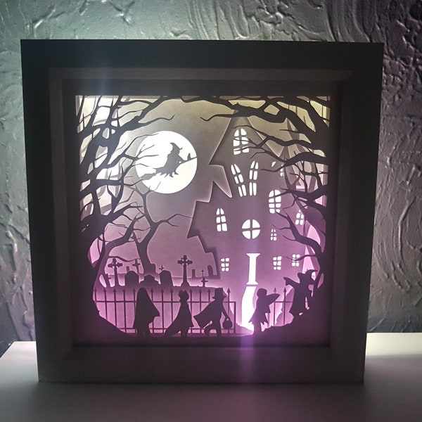 Trick or Treat Halloween shadow box SVG PDF PNG paper cutting instant download template Cut file 8x8 Inch 3D Cuts Graveyard kids Light box