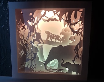 Animal Jungle shadow box SVG PDF PNG wycinanie papieru natychmiastowy szablon do pobrania Plik do cięcia 8 x 8 cali Cięcia 3D las deszczowy Słoń, tygrys, małpa