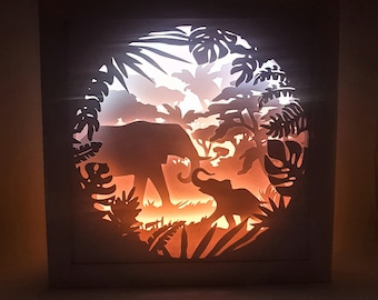 Elephant Jungle shadow box SVG PDF PNG wycinanie papieru natychmiastowe pobieranie szablonu Plik do cięcia 8 x 8 cali 3D dzieci Światło Matka Dziecko zwierzę, safari