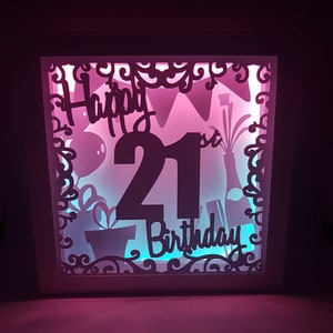 Happy 21st Birthday shadow box SVG PDF PNG papier coupe modèle de téléchargement instantané Couper le fichier 8 x 8 10 x 10 12 x 12 champagne ballon cadeau célébrer