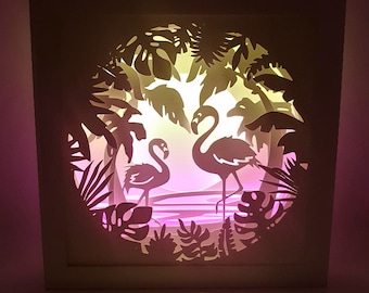 Flaming cień pudełko SVG PDF PNG papier wycinany natychmiastowy szablon do pobrania Wytnij plik 8 x 8 cali 3D dzieci Światło Matka Dziecko zwierzę ptak Ocean plaża