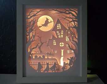 Bus eller godis Halloween skugglåda SVG PDF PNG pappersklippning direkt nedladdning mall Klipp fil A4 och 8X10 3D-klipp Kyrkogård barn ljuslåda