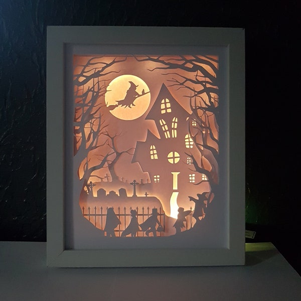 Trick or Treat Halloween shadow box SVG PDF PNG paper cutting instant download template Cut file A4 and 8X10 3D Cut Graveyard kids Light box