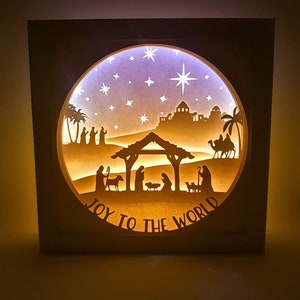 Natividad de Navidad #2 Alegría al mundo, Jesús, Dios, caja de sombras, SVG PDF PNG plantilla de descarga instantánea de corte de papel Cortar archivo 8x8 10x10 12x12