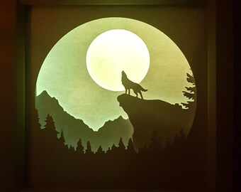 Howling Wolf caja de sombras SVG PDF PNG plantilla de descarga de corte de papel Cortar archivo 8x8 pulgadas Cortes 3D