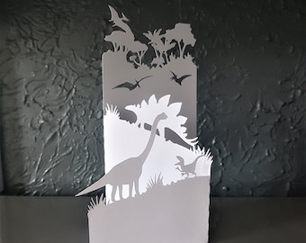 Dinozaury składane Karta i koperta SVG PDF PNG wycinanka z papieru do natychmiastowego pobrania szablon Plik do wycinania Wycięcia 3D składane karty rękodzieło Okres jurajski