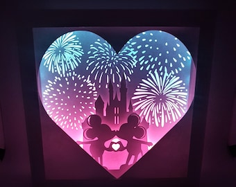 Mouse Love castle fireworks shadow box SVG PDF PNG paper cutting instant download template Cut file 8x8 10x10 12x12 Valentines Mice