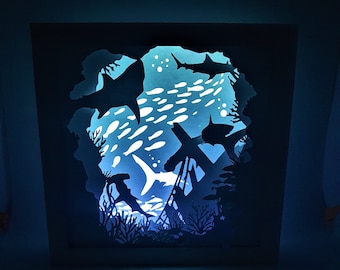 Ocean Sharks zainspirowany cieniem pudełko SVG PDF PNG papier do cięcia natychmiastowy szablon do pobrania Plik do cięcia 8x8 10x10 12x12, Urodziny, Boże Narodzenie, prezenty