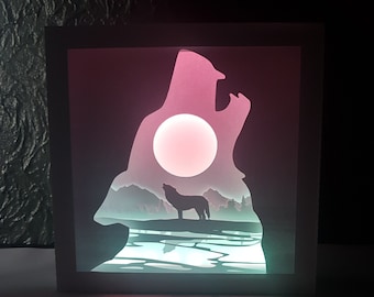 Lobo na floresta caixa de sombra da floresta SVG PDF PNG modelo de download instantâneo de corte de papel Arquivo de corte 8x8 10x10 12x12 polegadas Cortes 3D lua uivante