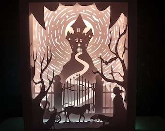 Dracula Halloween shadow box SVG PDF PNG paper cutting instant download template Cut file A4 and 8X10 Inch 3D Cuts Light box Bram Stoker