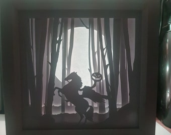 Headless Horseman Halloween shadow box SVG PDF PNG paper cutting instant download template Cut file 8x8 Inch 3D Cuts birthday Kids Light box