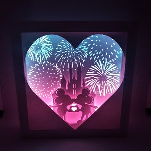 Mouse Love castle fireworks shadow box SVG PDF PNG paper cutting instant download template Cut file 8x8 10x10 12x12 Valentines Mice