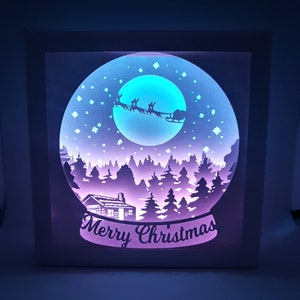 Świąteczna śnieżna kula pudełko cieni SVG PDF PNG papier do cięcia natychmiastowy szablon do pobrania Plik do cięcia 8 x 8 cali 3D Cuts Święty Mikołaj renifer pudełko świetlne