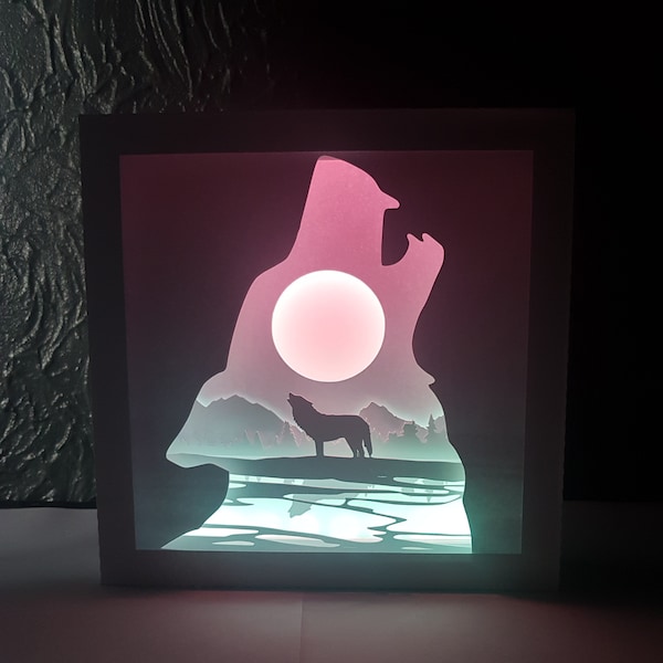 Wolf in woods forest shadow box SVG PDF PNG paper cutting instant download template Cut file 8x8 10x10 12x12 Inch 3D Cuts howling moon