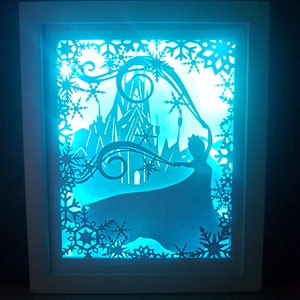 Reine des neiges, boîte d'ombre inspirée de la princesse des glaces SVG PDF PNG modèle de téléchargement de découpe de papier de découpe fichier A4 et découpes 3D 20 x 10 pouces
