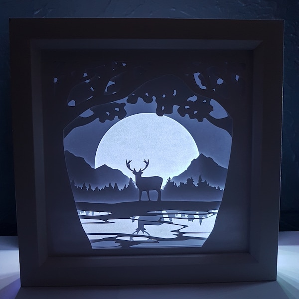 Stag in woods forest shadow box SVG PDF PNG paper cutting instant download template Cut file 8x8 10x10 12x12 Inch 3D Cuts Deer