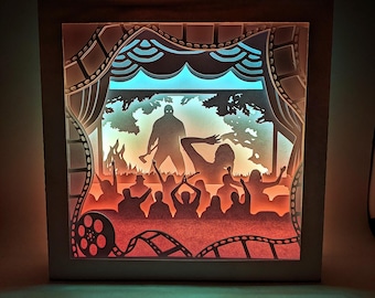 Slasher Cinema shadow box SVG PDF PNG Halloween wycinanka z papieru do pobrania natychmiastowego szablonu Plik do cięcia 8 x 8 cali Wycięcia 3D Light box Filmy