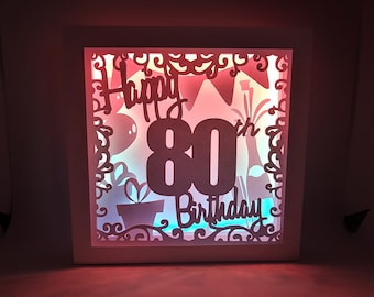 Feliz 80 cumpleaños caja de sombras SVG PDF PNG corte de papel plantilla de descarga instantánea Archivo de corte 8x8 10x10 12x12 globo regalo celebrar