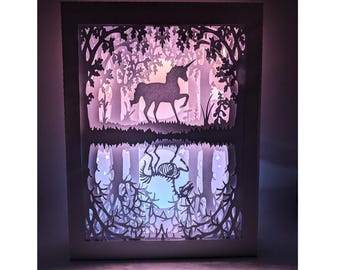 Unicorn Skeleton shadow box SVG PDF PNG A4 and 8X10 Halloween paper cutting digital download template Cut file 3D Light Reflection zombie