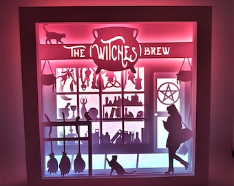 The Witches Brew Cafe Witch Shop shadow box SVG PDF PNG wycinanie papieru natychmiastowe pobieranie szablonu Plik do cięcia 8x8 10x10 12x12 Halloween