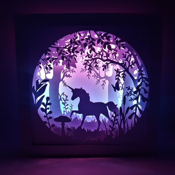 Unicorn #1 shadow box SVG PDF PNG paper cutting instant download template Cut file 8x8 10x10 12x12 Inch 3D Cuts Meadow butterfly fairy