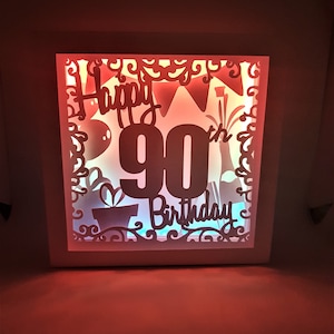 Gelukkige 90e verjaardag schaduw vak SVG PDF PNG papier snijden instant download sjabloon Cut bestand 8 x 8 10 x 10 12 x 12 ballon cadeau vieren