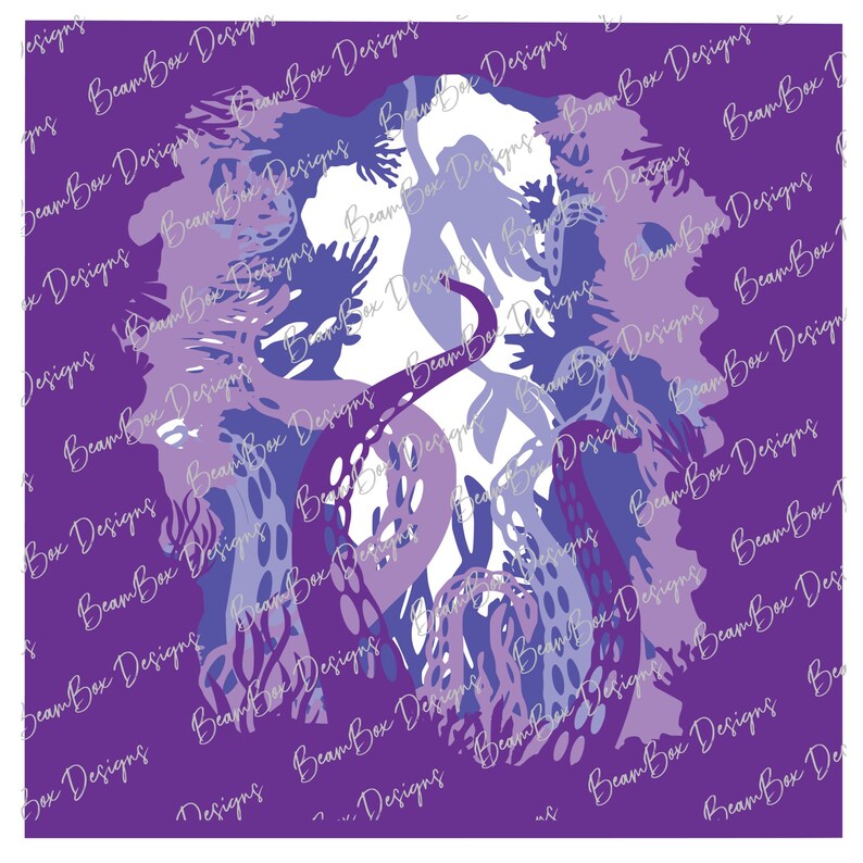 May include: Purple, blue, and white paper cut design of a seahorse with a floral background. The design is intricate and detailed, with a variety of shapes and patterns.
