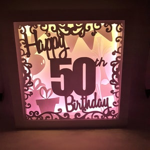 Happy 50th Birthday Schatten Box SVG PDF PNG Scherenschnitt sofortiger download Vorlage geschnitten Datei 8x8 10x10 12x12 Ballon Geschenk feiern