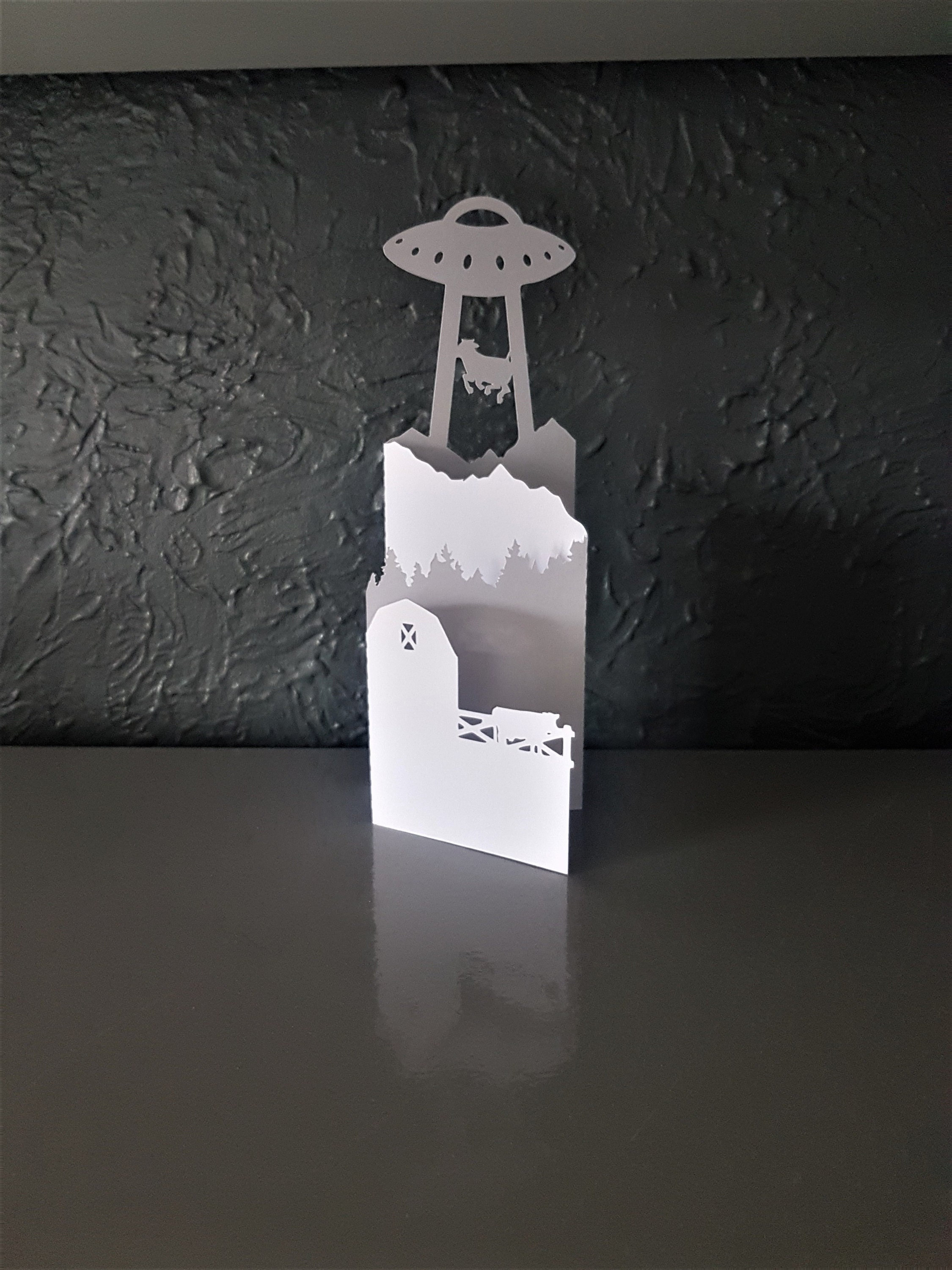 UFO Cow Abduction fold Card envelope SVG PDF PnG paper cutting instant download template Cut file 3D Cuts folded crafts Greeting Birthday