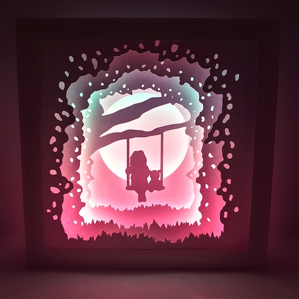 Girl and Teddy bear on swing forest shadow box SVG PDF PNG paper cutting instant download template Cut file 8x8 10x10 12x12 kid child Girl and Teddy bear on swing forest shadow box SVG PDF PNG paper cutting instant download template Cut file 8x8 10x10 12x12 kid child