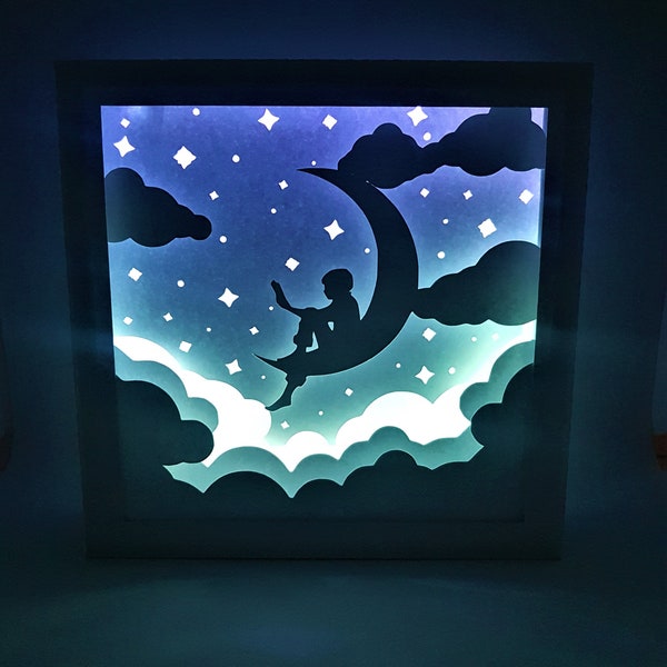 Boy reading on moon shadow box SVG PDF PNG paper cutting instant download template Cut file 8x8 10x10 12x12 Birthday, Gifts for kids, Clouds