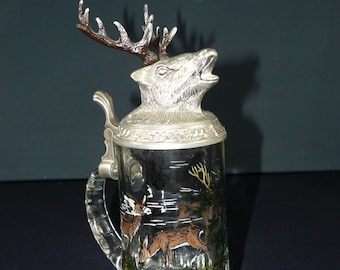 midcentury *BMF*Glas beer mug pewter lid with deer head+antler rare beer mug