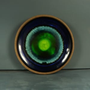 Puede incluir: Un plato redondo de cerámica con un diseño de círculos concéntricos azules, verdes y verde claro.