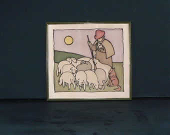 vintage silk picture shepherd sheep hand-painted with wooden frame silk painting 70s
