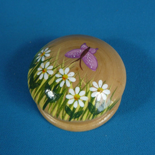 vintage kleine Holzdose Pillendose bemalt Schmetterling Blumen 70s