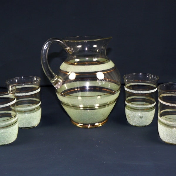 vintage Glaskrug+4 Gläser *Pastelleis*60s Saftkrug Set grün-gold