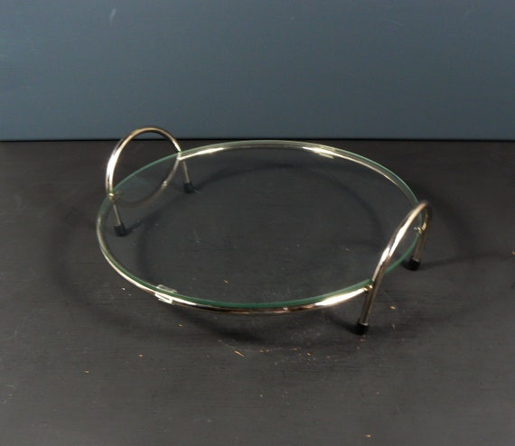 vintage Design Tortenplatte Käseplatte Glas Chrom 70s German cake cheese plate