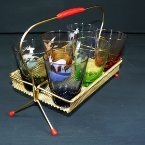 midcentury 6 glasses with Matégot tray String era 60s glasses