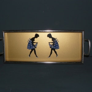 midcentury mini tray silhouette behind glass 50s German Tray Dance motif rare