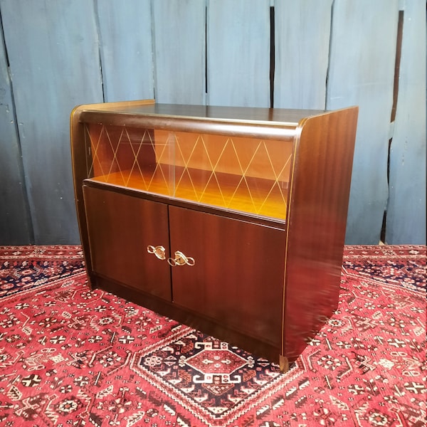 midcentury Holz Sideboard mit Vitrinenfach Buffet 50s Glasscheiben mit Rautenmuster