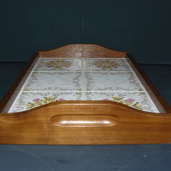 vintage tile tray with wooden frame serving tray 70s floral motif