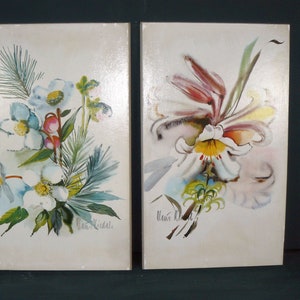 Könnte beinhalten: Zwei Vintage-Blumenbilder. Das linke Gemälde zeigt weiße und blaue Blumen mit grünen Blättern und Tannennadeln. Das rechte Gemälde zeigt eine weiße und rote Lilie mit gelben Akzenten. Beide Gemälde haben einen hellen Hintergrund.