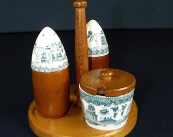 midcentury menage teak porcelain handpainted 60s Japan