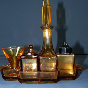 ArtDeco Glas Menage Tisch Set bernsteinfarbiges Farbglas 30s rare german glass menage