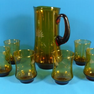 midcentury Glaskrug+6 Gläser 50er Farbglas Schliffdekor
