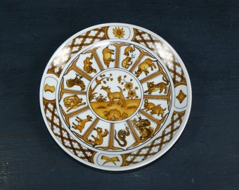 piatto in porcellana vintage cinese segno zodiacale cane piatto da parete anni '70