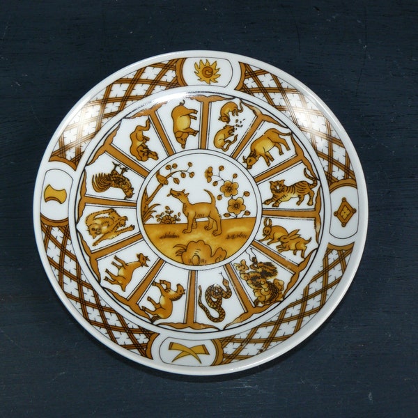 vintage porcelain plate chinese zodiac sign dog wall plate 70s