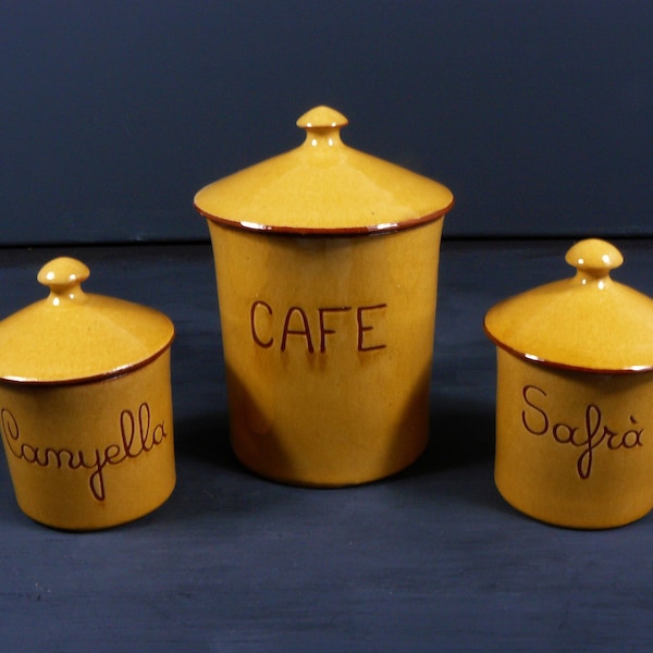 vintage 3 Keramik Deckeldosen gelb *Cafe-Safra-Canyella*70s Katalan