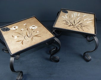 midcentury 2 flower stools wrought iron+tile *art locksmith Hellmuth* 60s flower stool