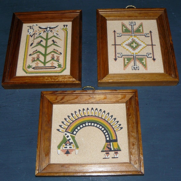 vintage 3 Wandbilder*Rainbow Way Ltd New Mexico* Ethno Sand-Art Tree of Life USA 70s